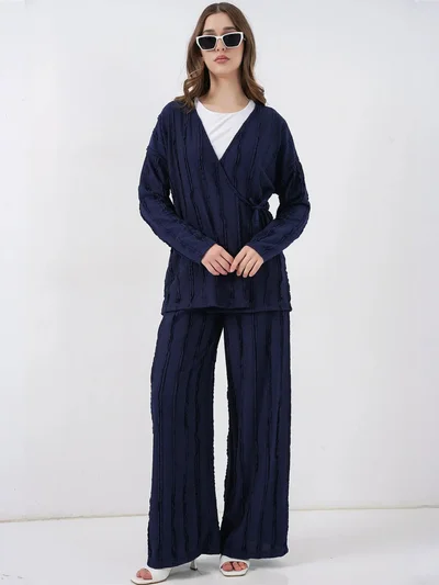 BIG DART BDART Textured V-Neck Tie Detail Kimono & Wide Leg Pants Set